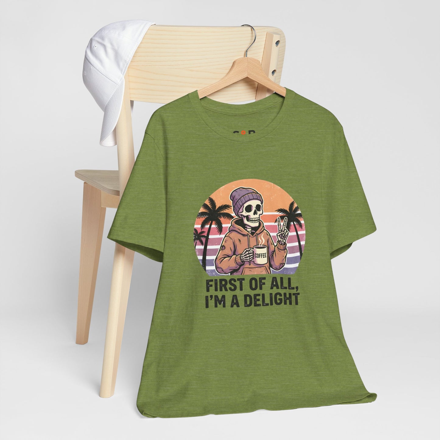 Skull Chill Tee – "First of All, I’m a Delight" Retro Palm Graphic T‑Shirt