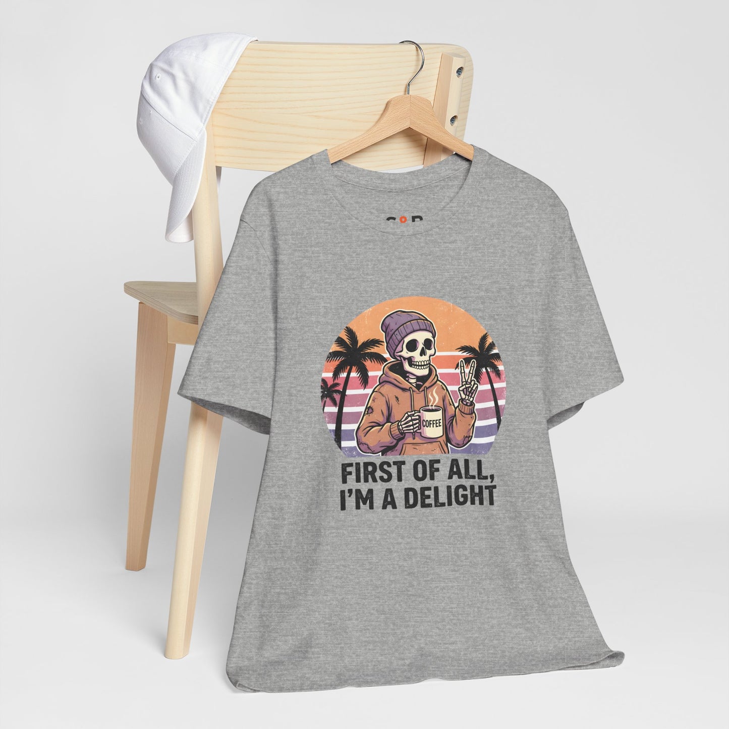 Skull Chill Tee – "First of All, I’m a Delight" Retro Palm Graphic T‑Shirt