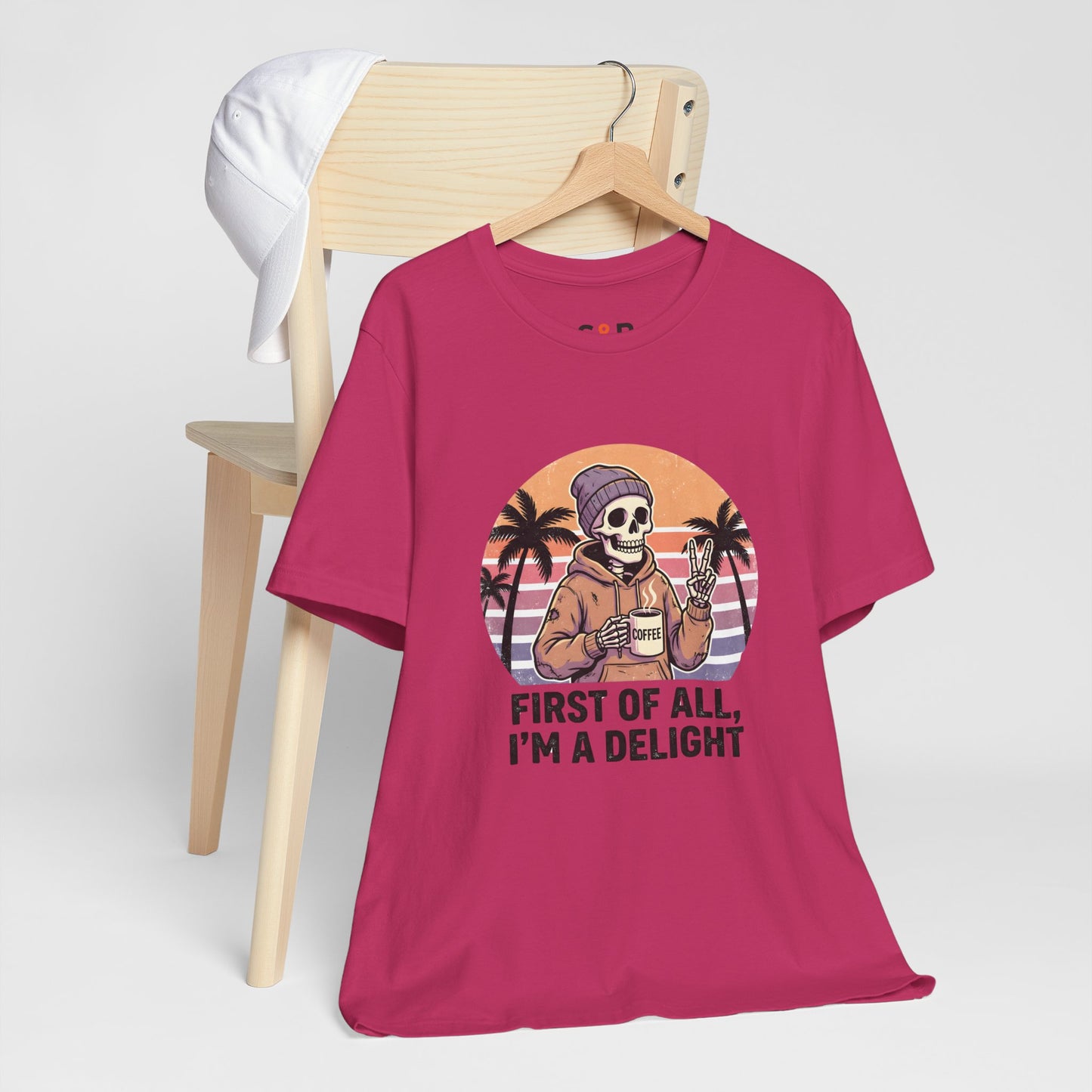Skull Chill Tee – "First of All, I’m a Delight" Retro Palm Graphic T‑Shirt