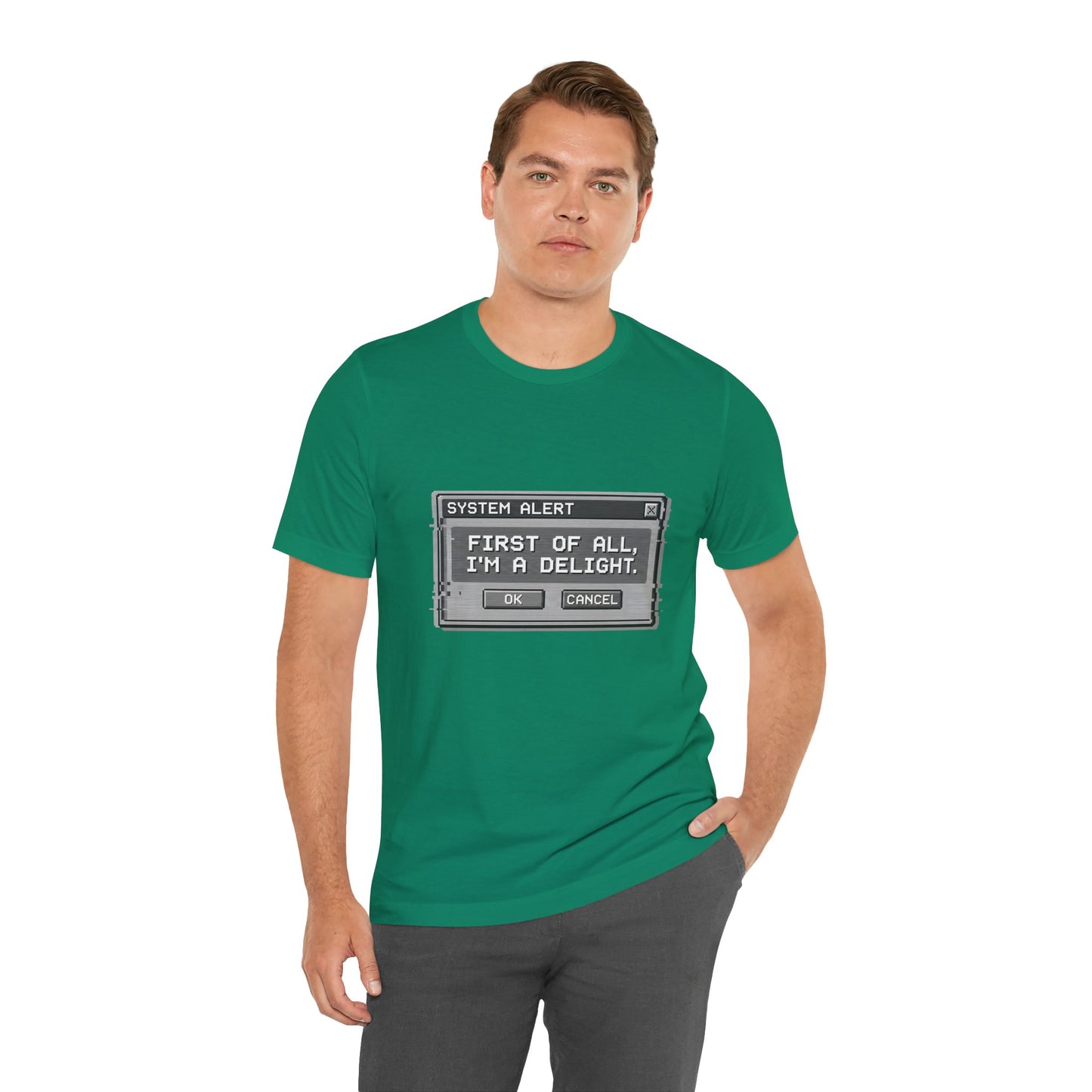 T-Shirt — "System Alert: First of All, I’m a Delight" Retro Pixel Graphic