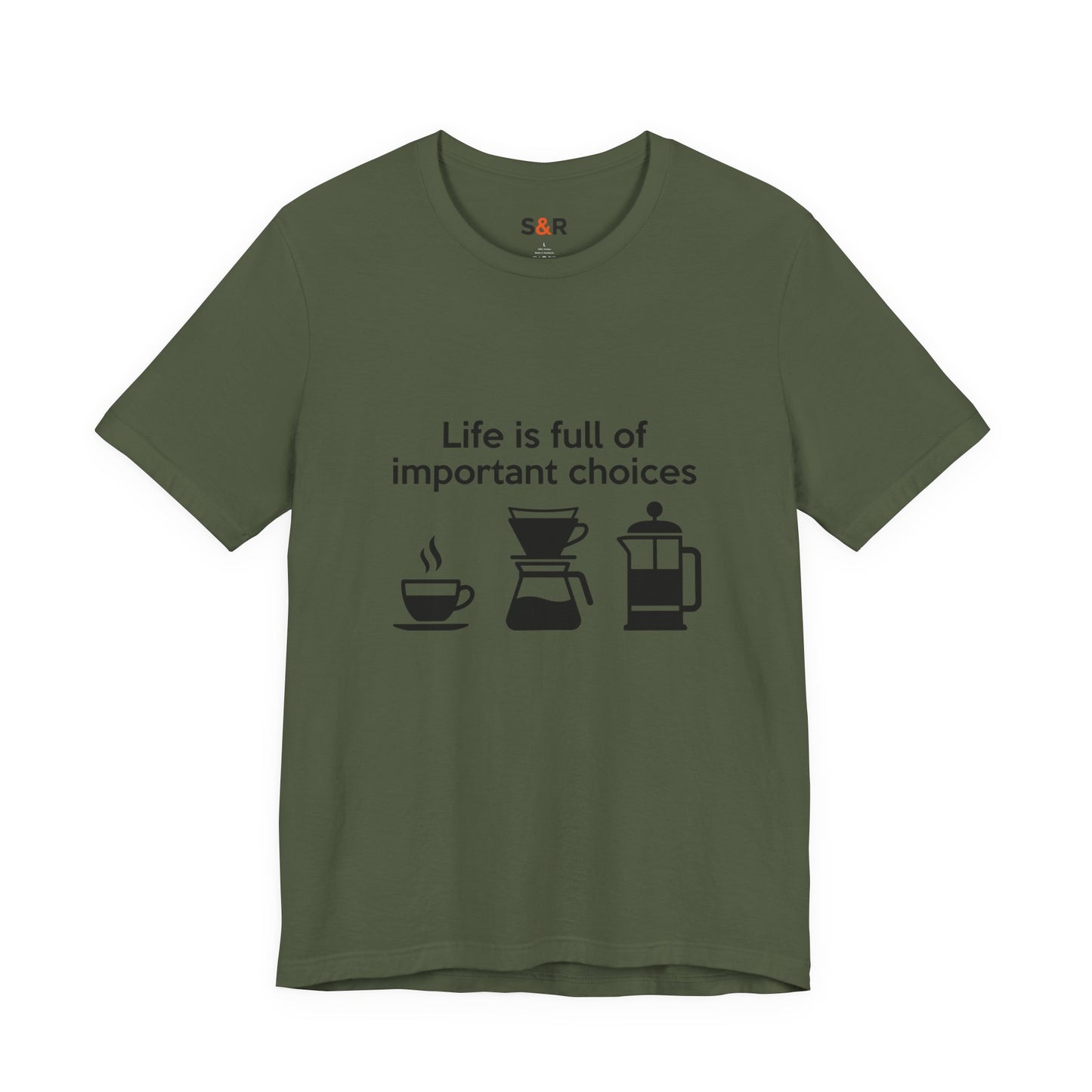 Coffee Choices T‑Shirt — "Life is full of important choices" Tee with Coffee Brewing Icons