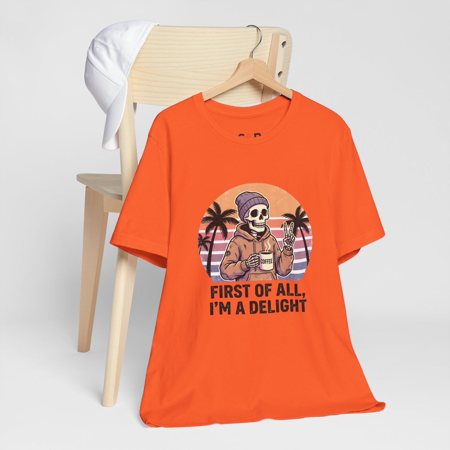 Skull Chill Tee – "First of All, I’m a Delight" Retro Palm Graphic T‑Shirt
