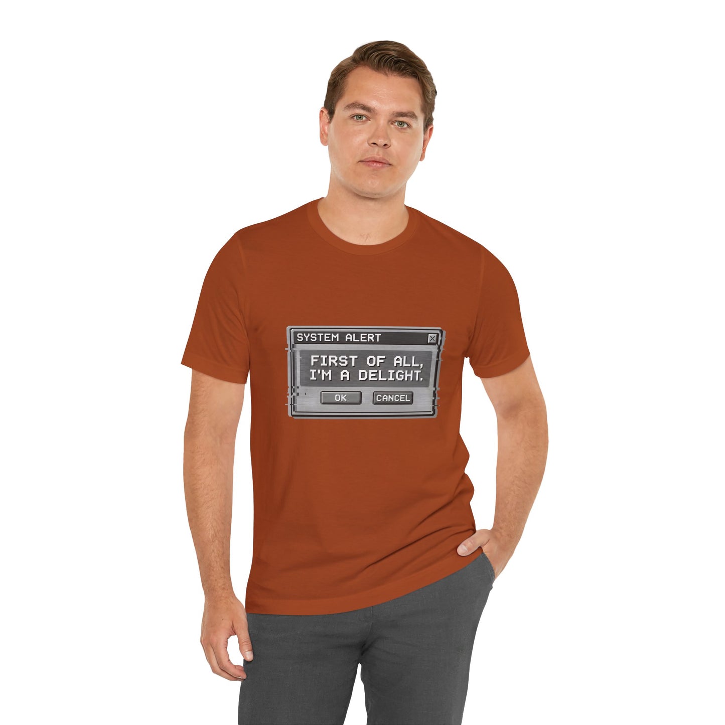 T-Shirt — "System Alert: First of All, I’m a Delight" Retro Pixel Graphic