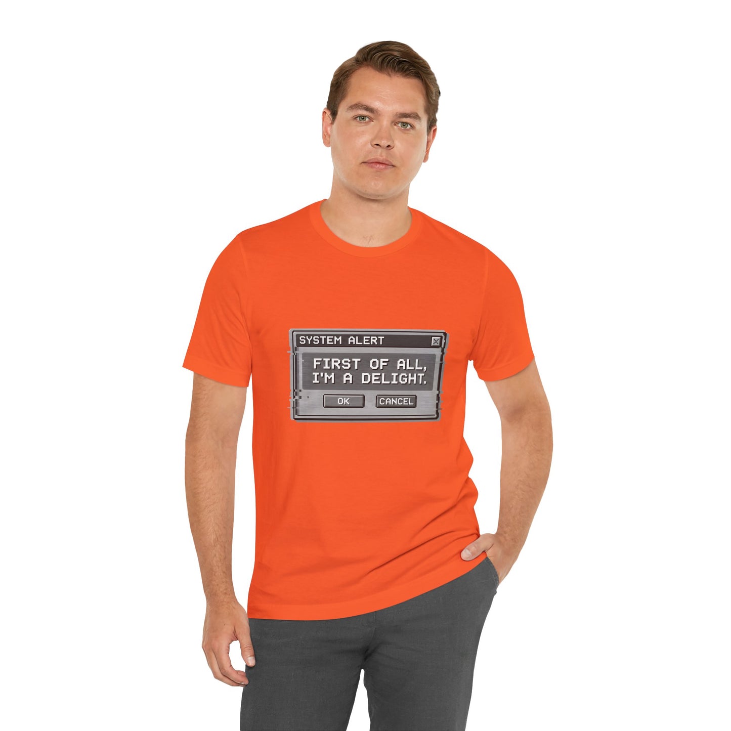 T-Shirt — "System Alert: First of All, I’m a Delight" Retro Pixel Graphic