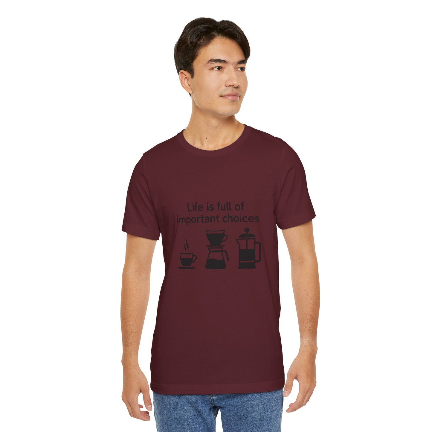 Coffee Choices T‑Shirt — "Life is full of important choices" Tee with Coffee Brewing Icons
