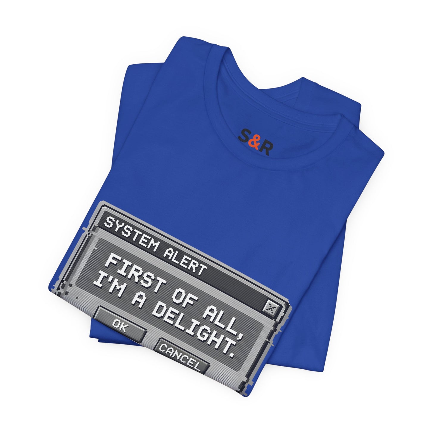 T-Shirt — "System Alert: First of All, I’m a Delight" Retro Pixel Graphic