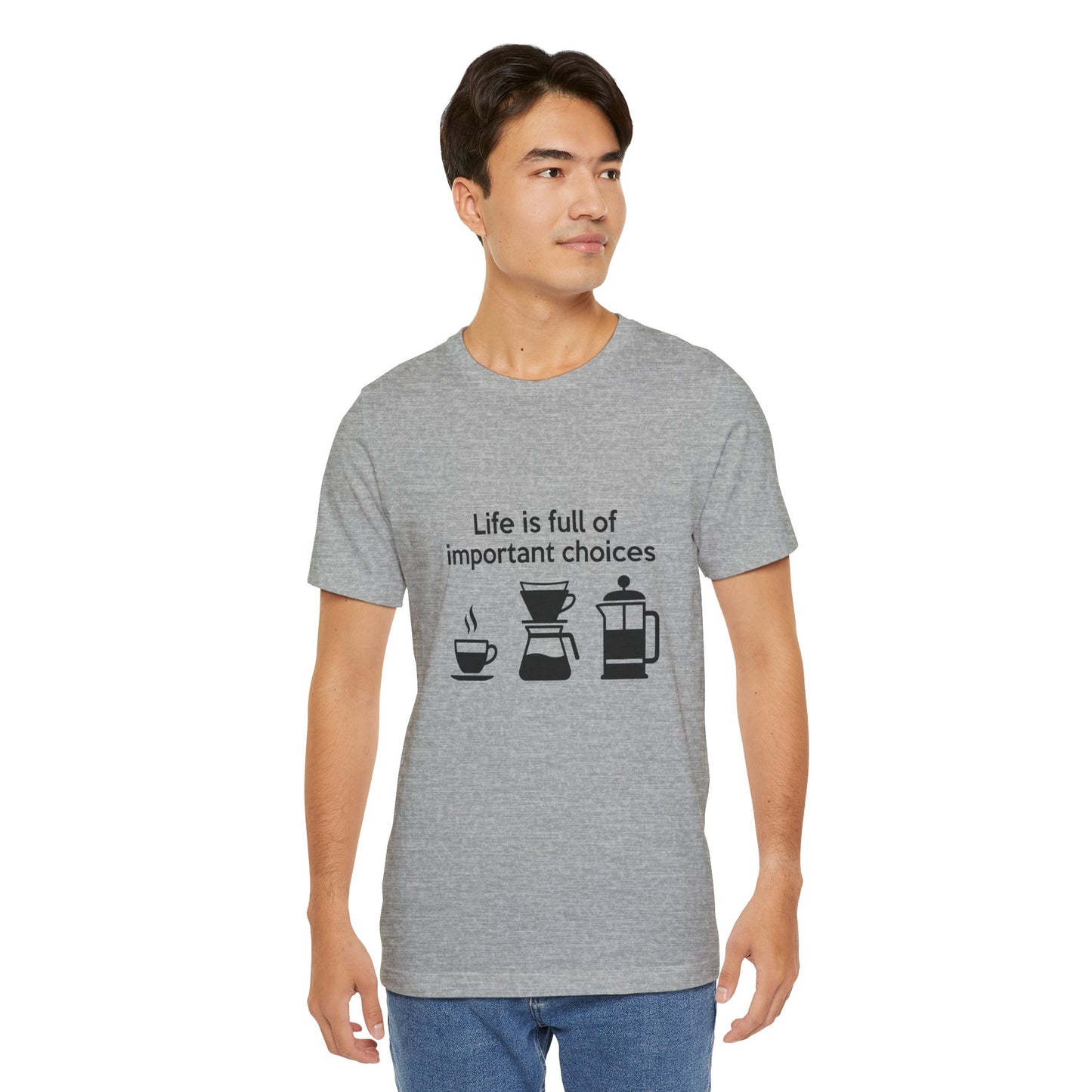Coffee Choices T‑Shirt — "Life is full of important choices" Tee with Coffee Brewing Icons