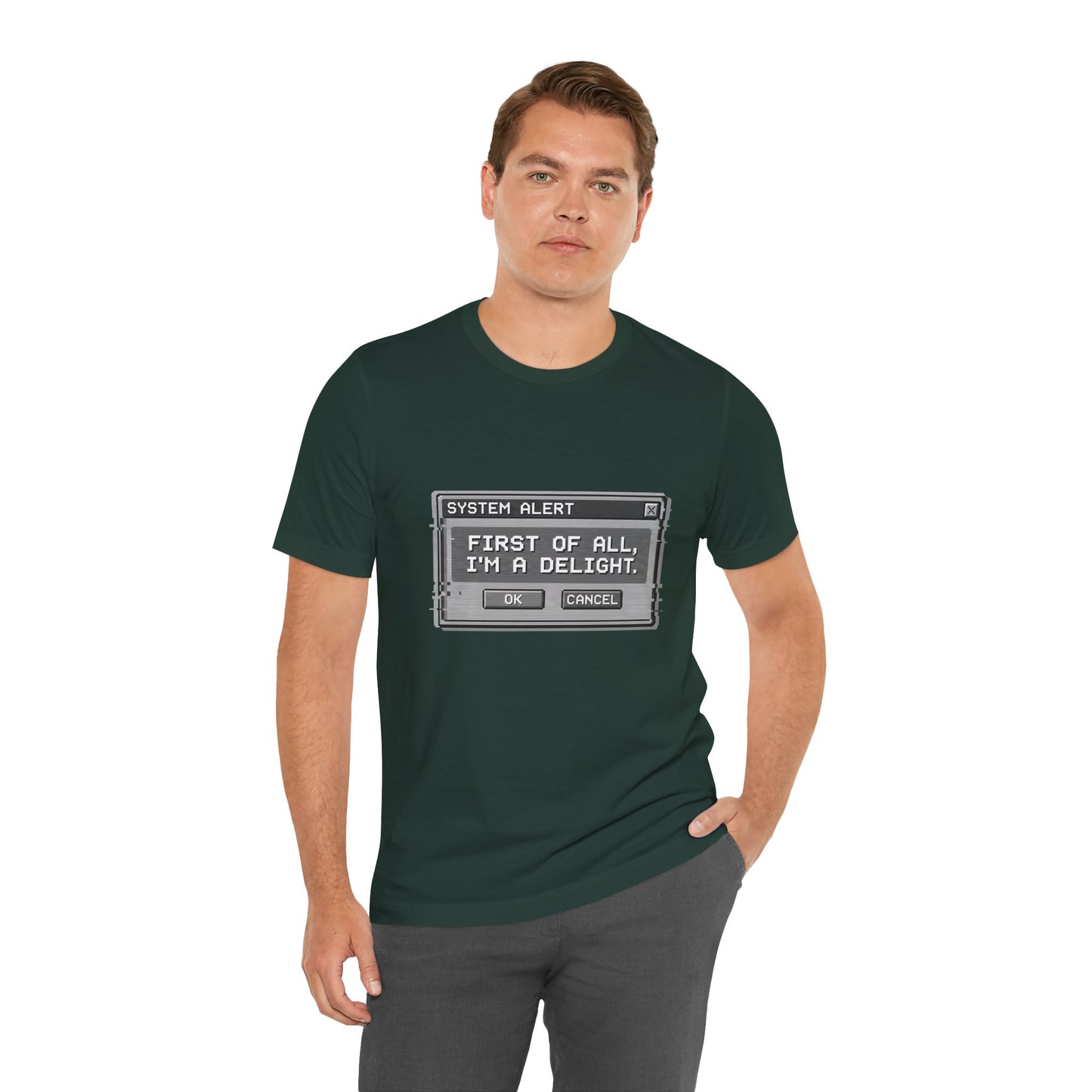 T-Shirt — "System Alert: First of All, I’m a Delight" Retro Pixel Graphic