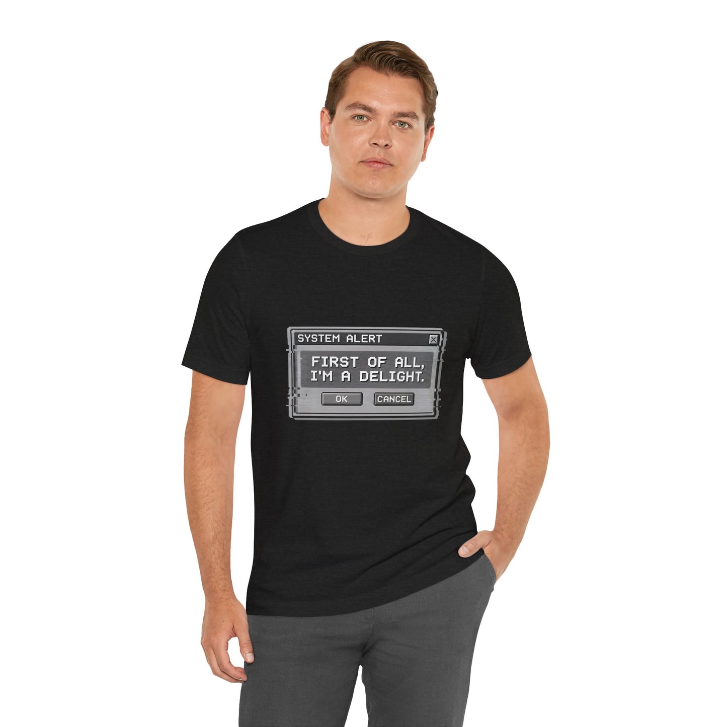 T-Shirt — "System Alert: First of All, I’m a Delight" Retro Pixel Graphic