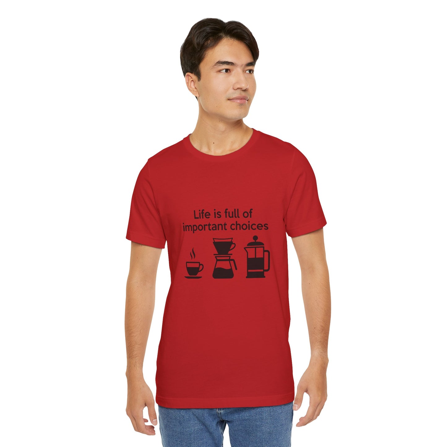 Coffee Choices T‑Shirt — "Life is full of important choices" Tee with Coffee Brewing Icons