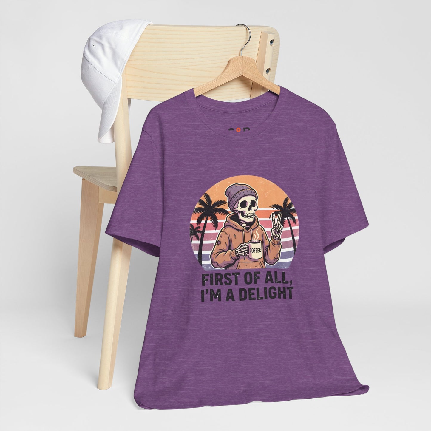 Skull Chill Tee – "First of All, I’m a Delight" Retro Palm Graphic T‑Shirt