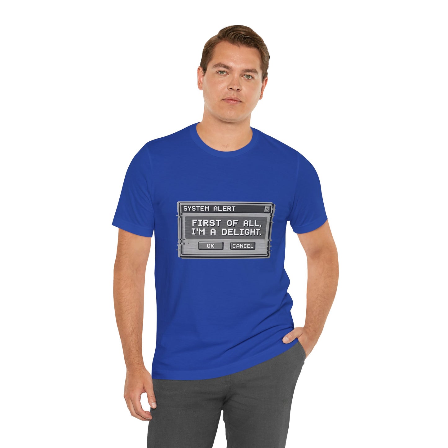 T-Shirt — "System Alert: First of All, I’m a Delight" Retro Pixel Graphic
