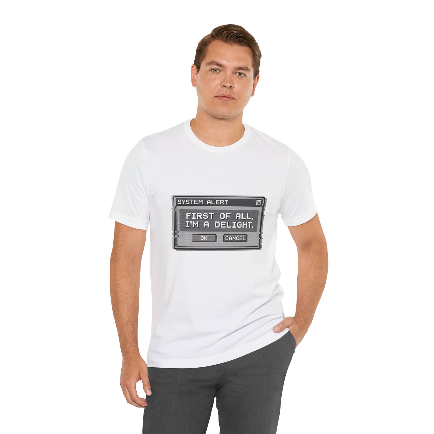T-Shirt — "System Alert: First of All, I’m a Delight" Retro Pixel Graphic