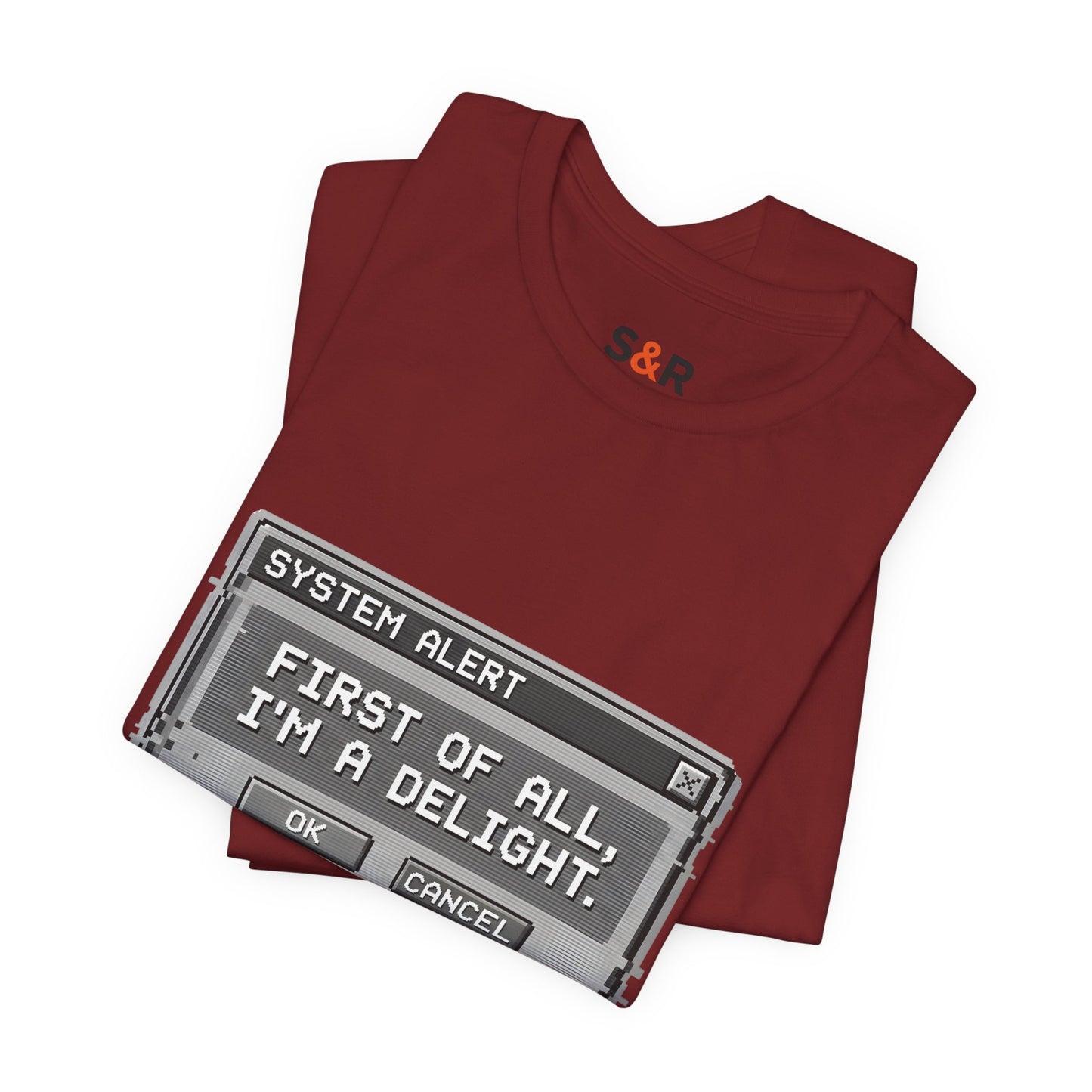 T-Shirt — "System Alert: First of All, I’m a Delight" Retro Pixel Graphic