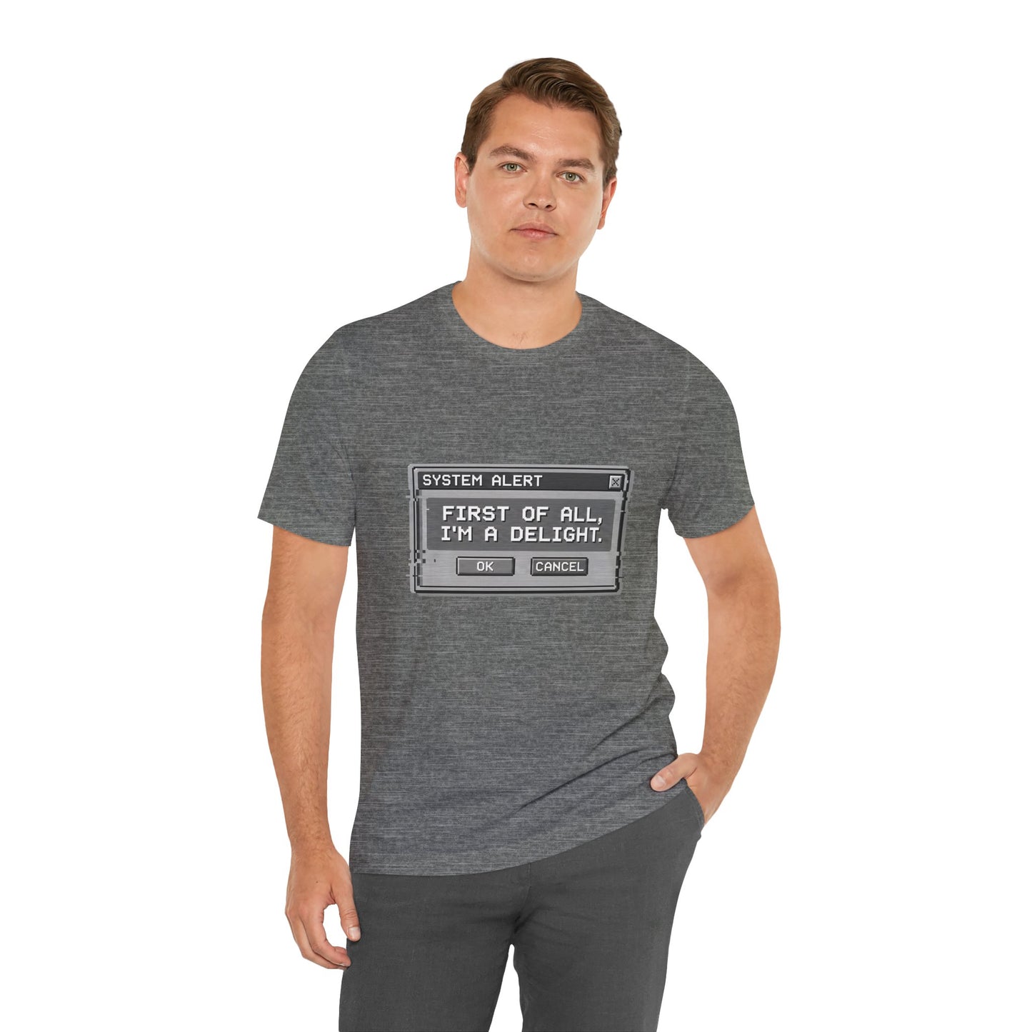 T-Shirt — "System Alert: First of All, I’m a Delight" Retro Pixel Graphic